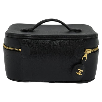 CHANEL Vanity Cosmetic Pouch Caviar Skin Black Gold CC 113790