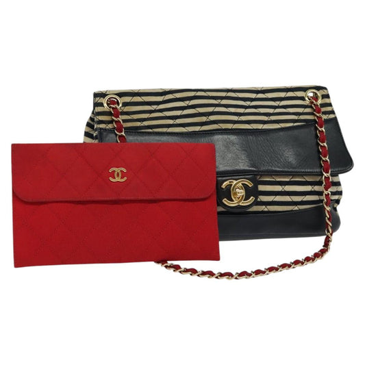CHANEL Matelasse Chain Shoulder Bag Cotton Navy CC 113826