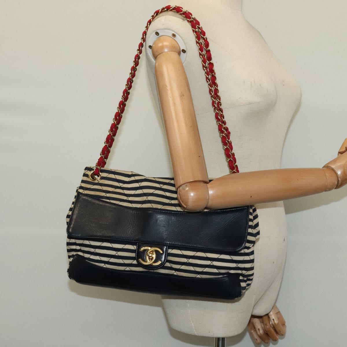 CHANEL Matelasse Chain Shoulder Bag Cotton Navy CC 113826
