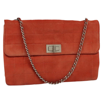 CHANEL Choco Bar Chain Shoulder Bag Suede Red CC 113865