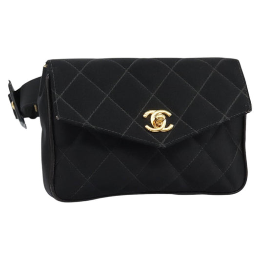 CHANEL Matelasse Waist Bag Satin Black Gold CC 113903