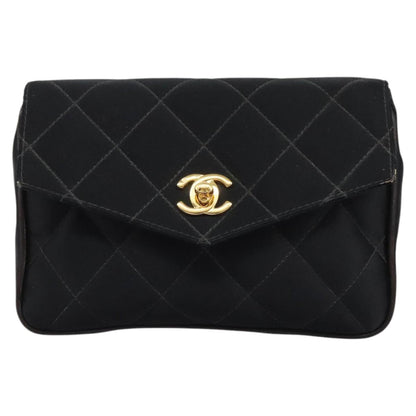 CHANEL Matelasse Waist Bag Satin Black Gold CC 113903