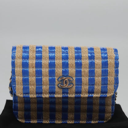 CHANEL Chain Shoulder Bag Raffia Blue CC 115347A