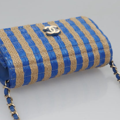 CHANEL Chain Shoulder Bag Raffia Blue CC 115347A