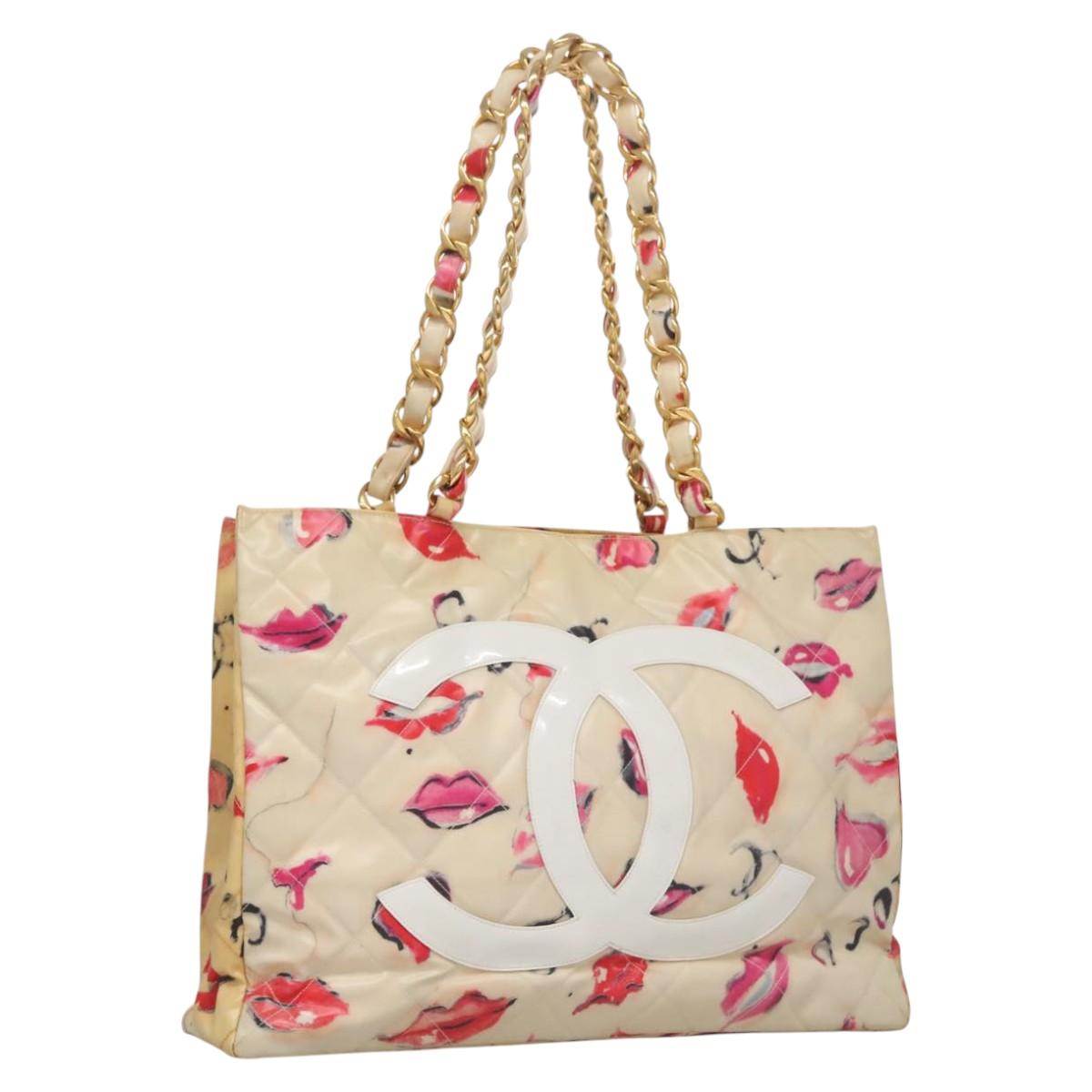 CHANEL Matelasse Chain Lip Tote Bag Enamel Beige CC 115470A