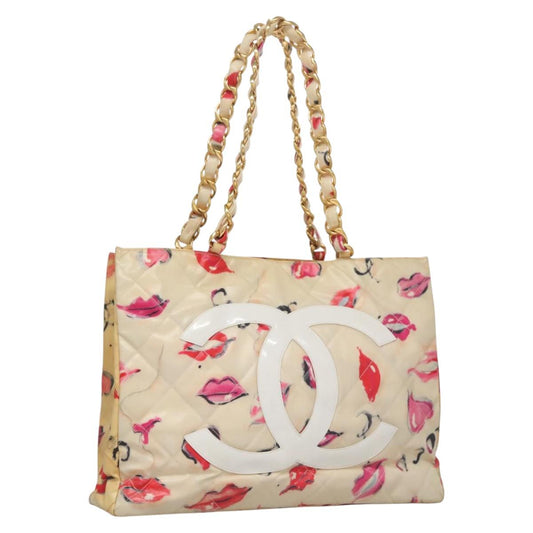 CHANEL Matelasse Chain Lip Tote Bag Enamel Beige CC 115470A