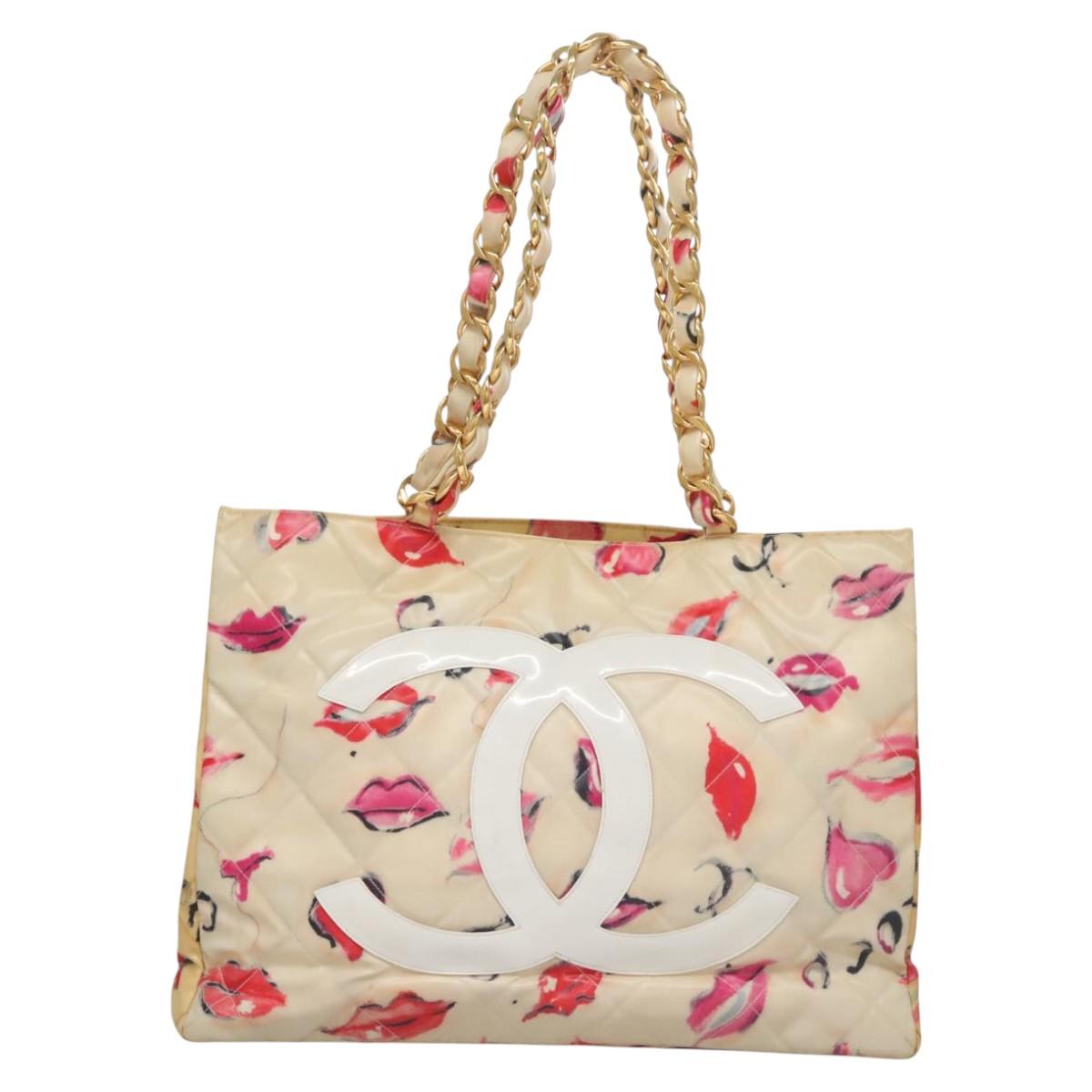 CHANEL Matelasse Chain Lip Tote Bag Enamel Beige CC 115470A
