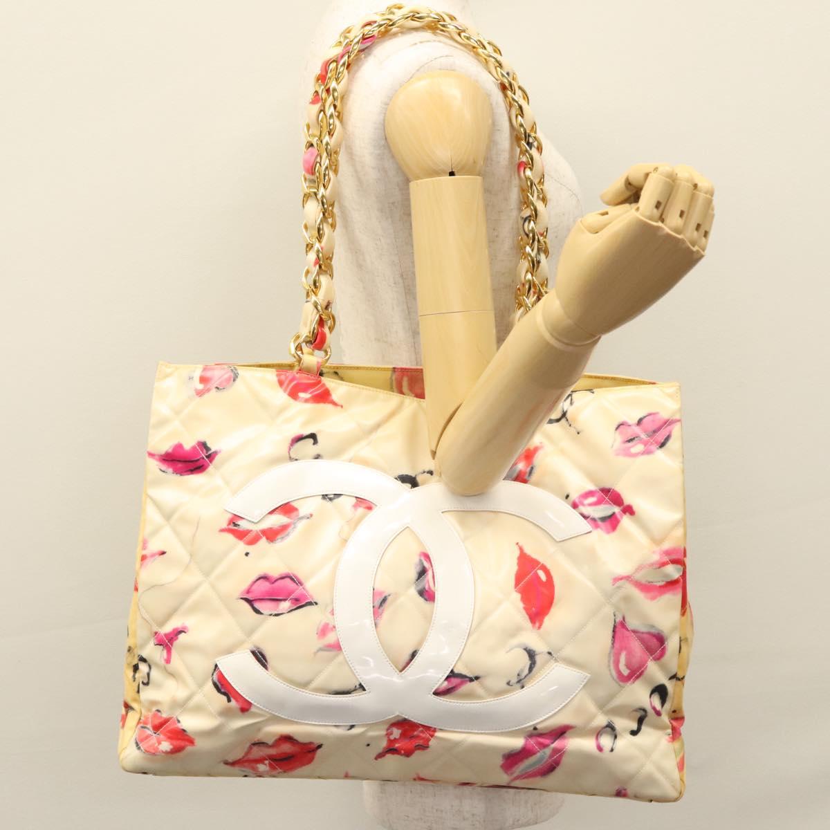 CHANEL Matelasse Chain Lip Tote Bag Enamel Beige CC 115470A