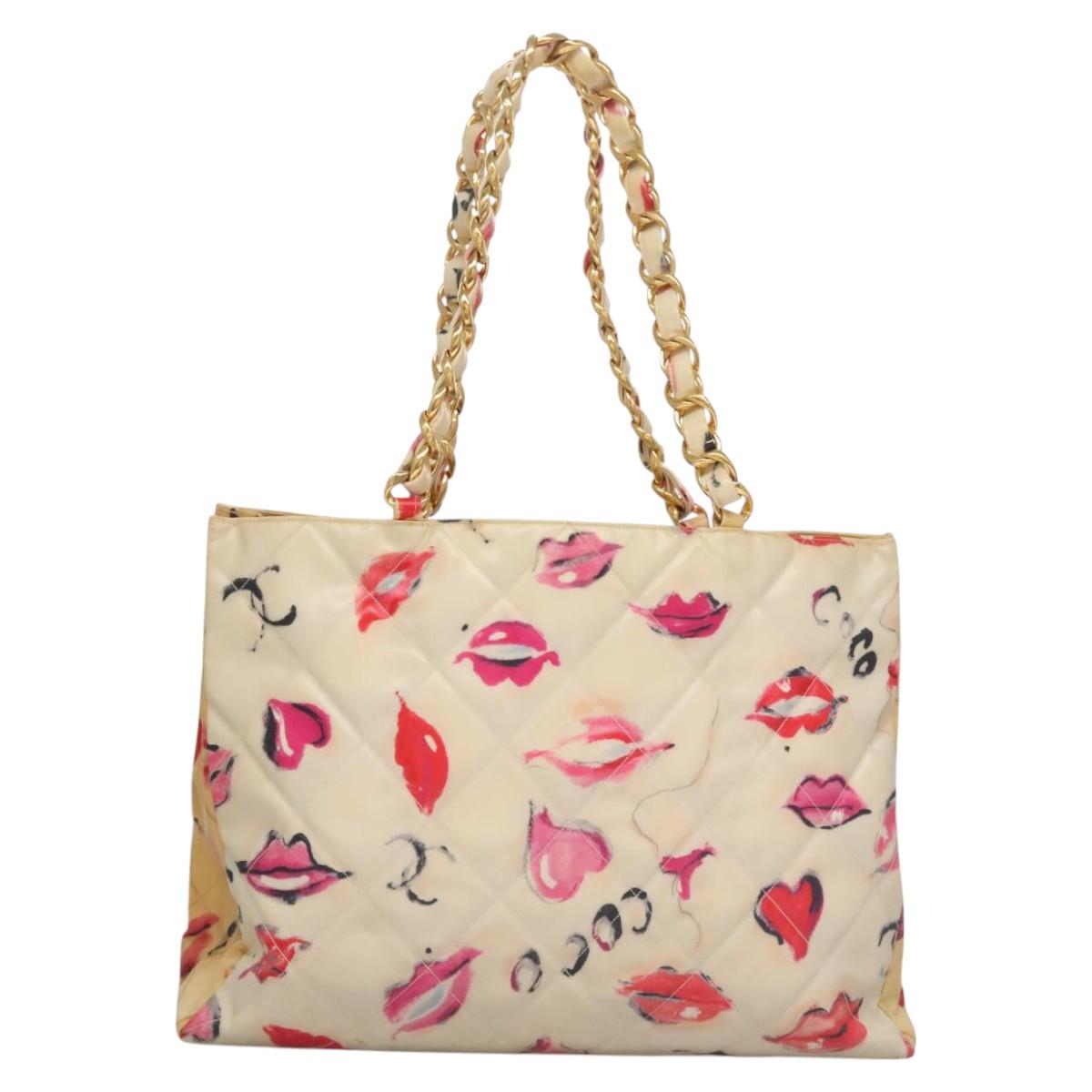 CHANEL Matelasse Chain Lip Tote Bag Enamel Beige CC 115470A
