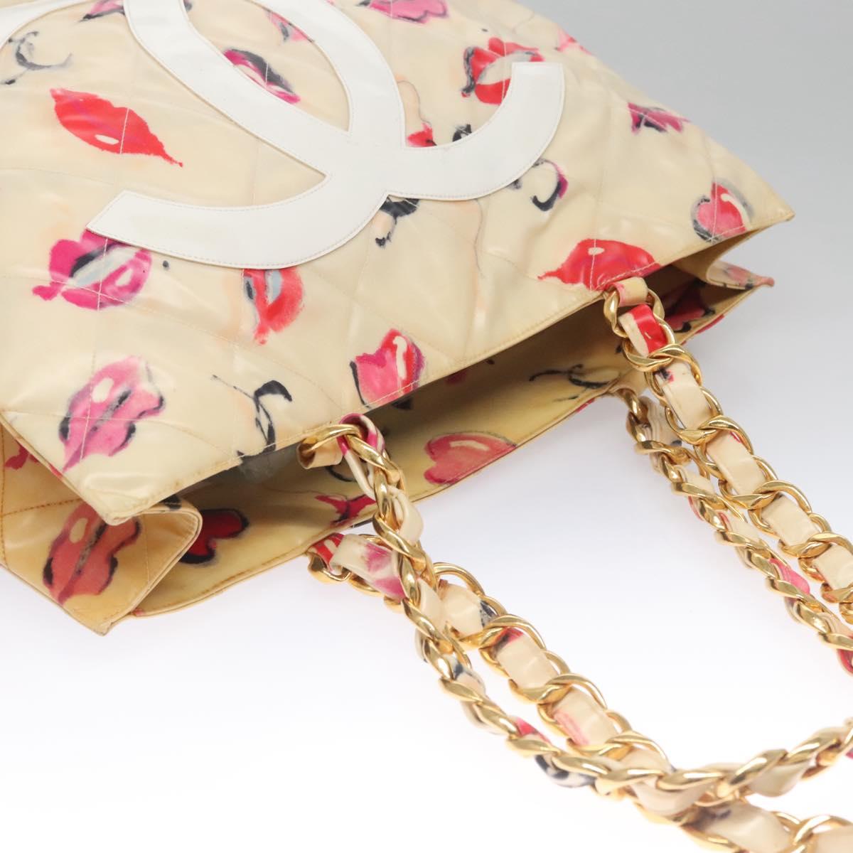 CHANEL Matelasse Chain Lip Tote Bag Enamel Beige CC 115470A
