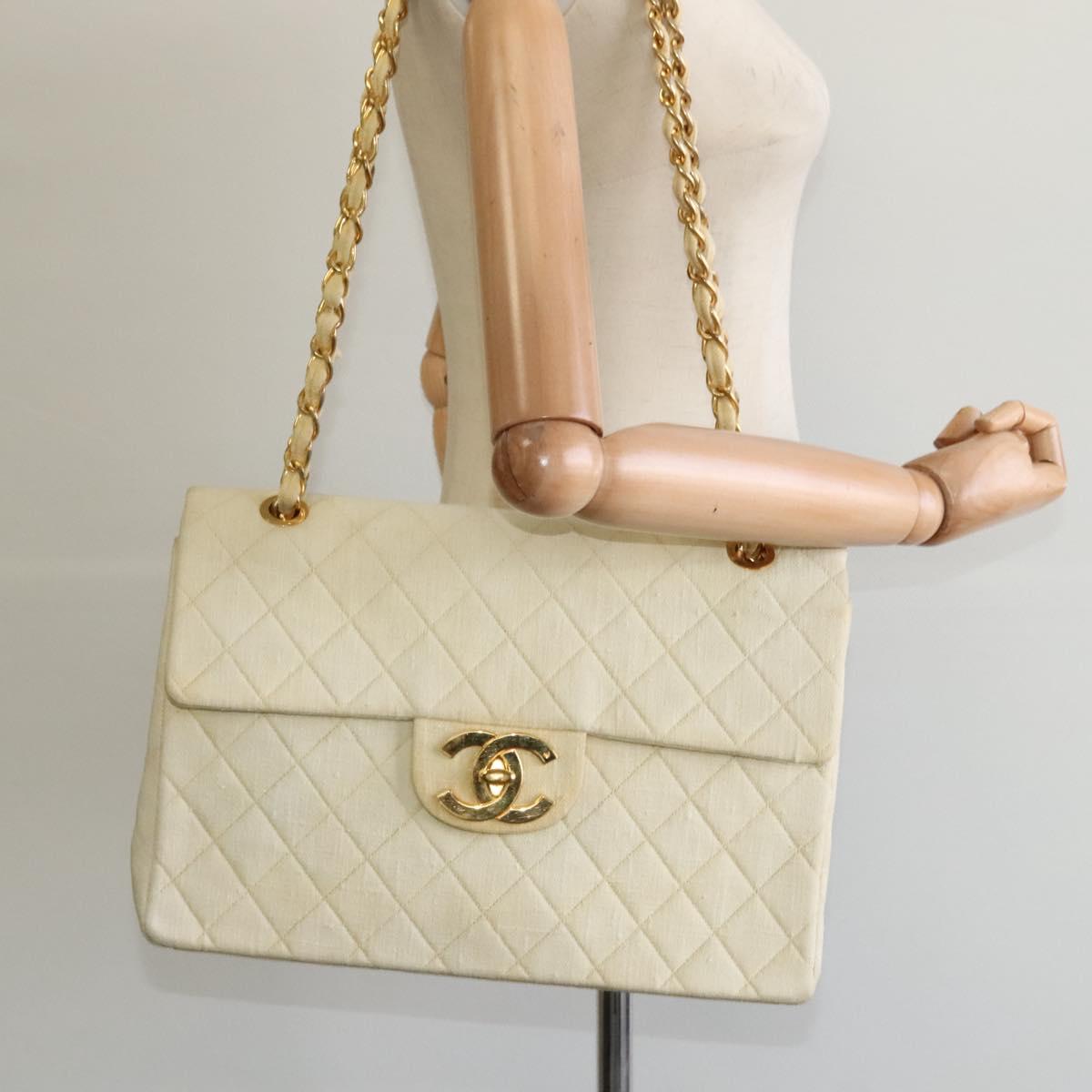 CHANEL Matelasse 35 Chain Shoulder Bag Canvas Beige CC 115471A