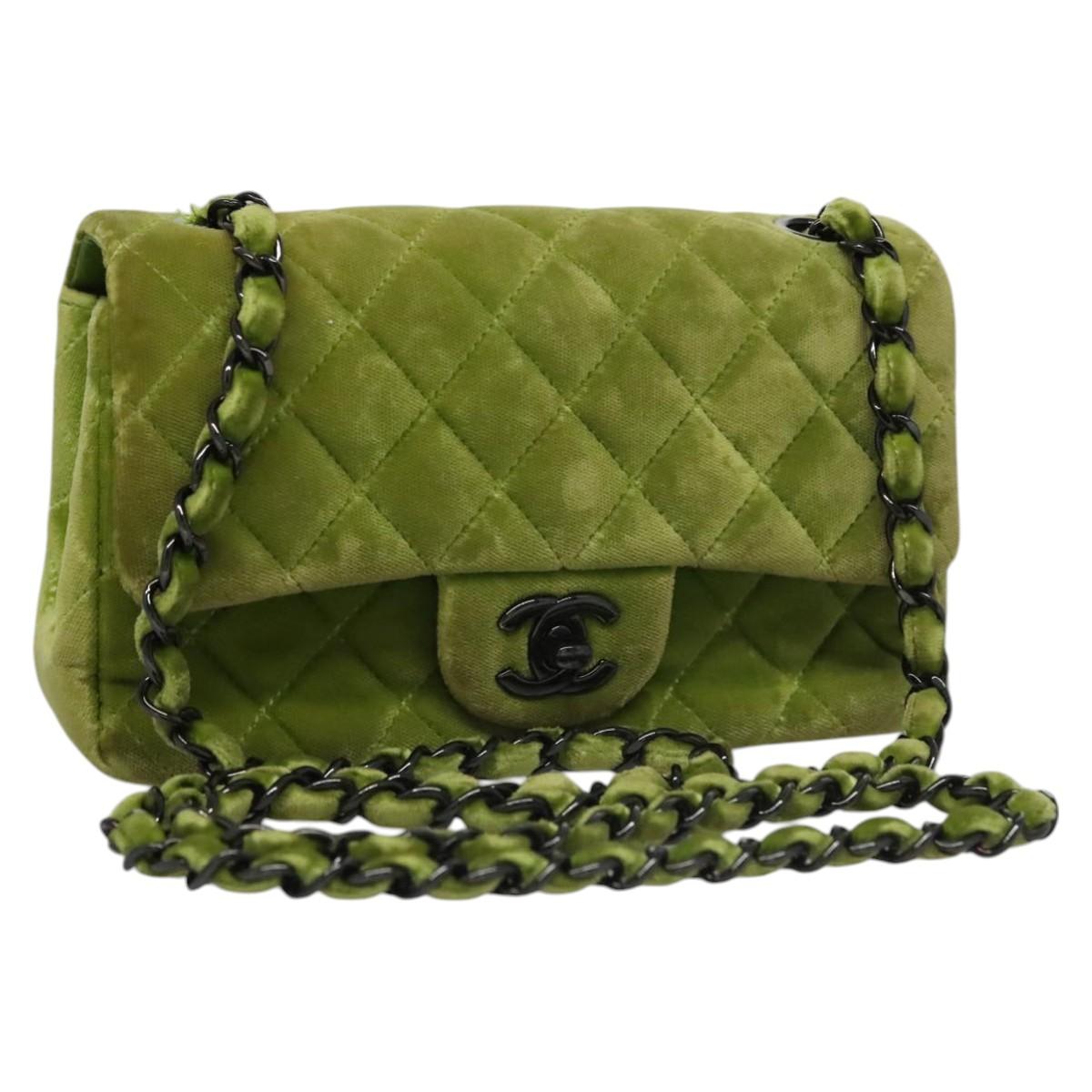 CHANEL Mini Matelasse 20 Single Flap Chain Bag Velor Green CC 115601A