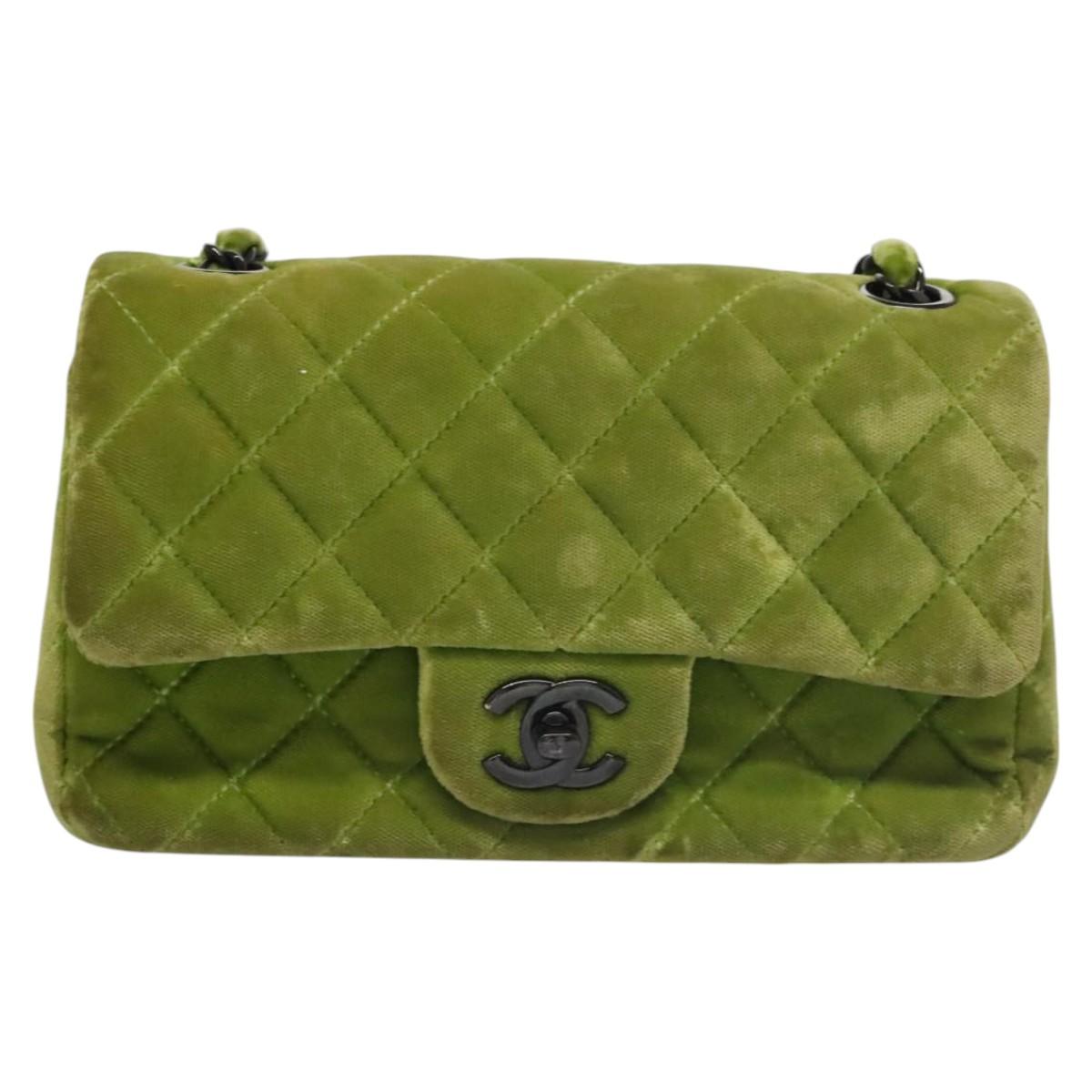 CHANEL Mini Matelasse 20 Single Flap Chain Bag Velor Green CC 115601A