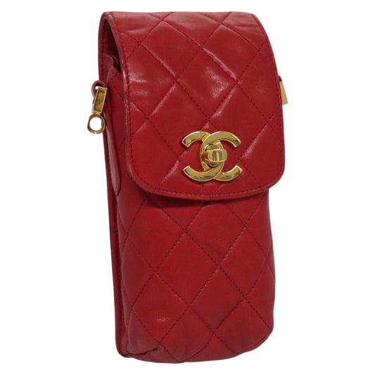 CHANEL Matelasse Pouch Lamb Skin Red Gold CC 115604