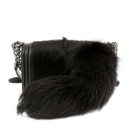 Chanel Black Fox Fur Boy Bag with Tail & Ruthenium Hardware