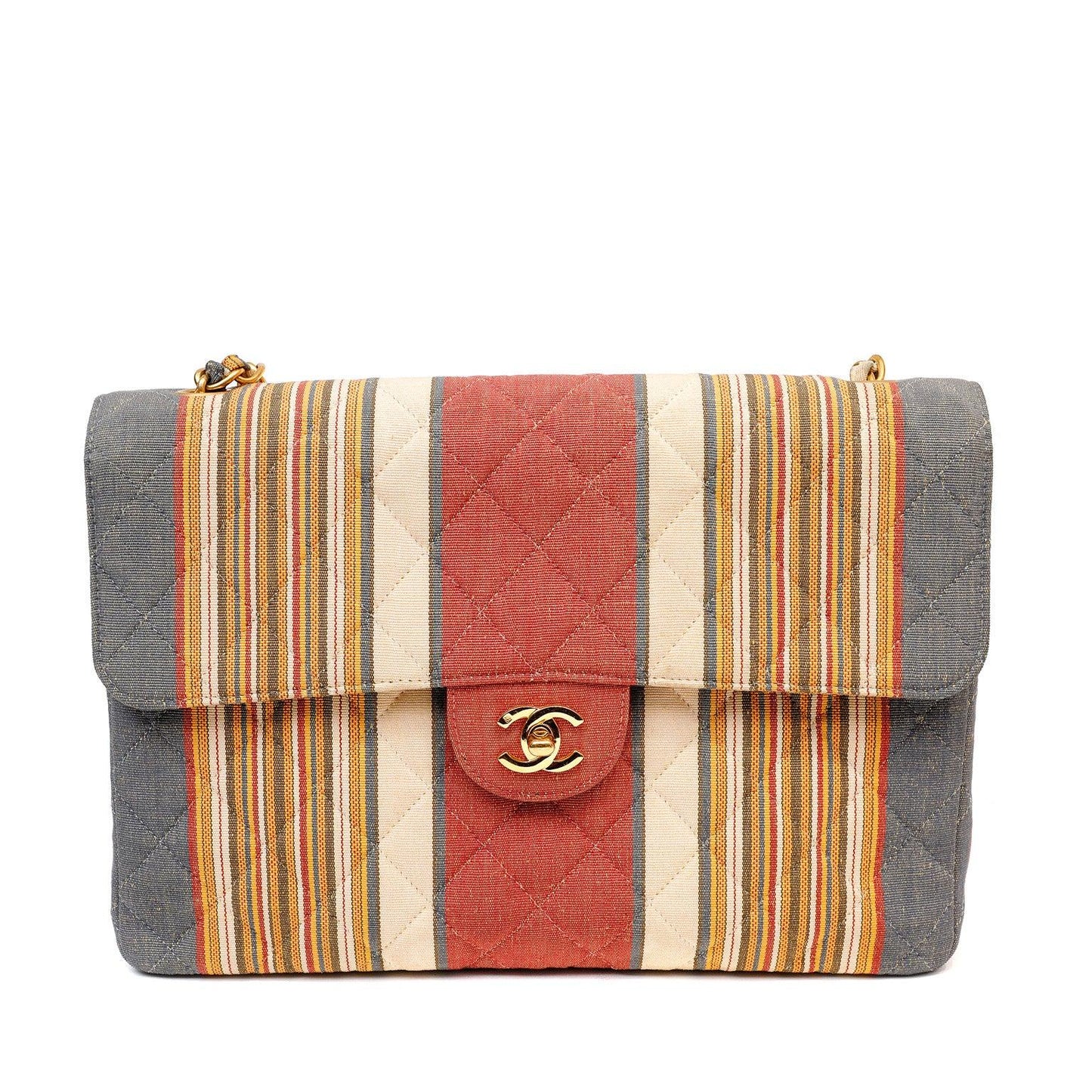 Chanel Striped Pique Cloth Maxi Classic w/ Gold Hardware