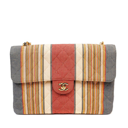 Chanel Striped Pique Cloth Maxi Classic w/ Gold Hardware