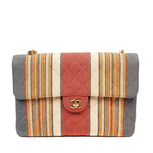 Chanel Striped Pique Cloth Maxi Classic w/ Gold Hardware