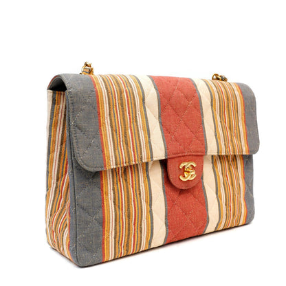 Chanel Striped Pique Cloth Maxi Classic w/ Gold Hardware