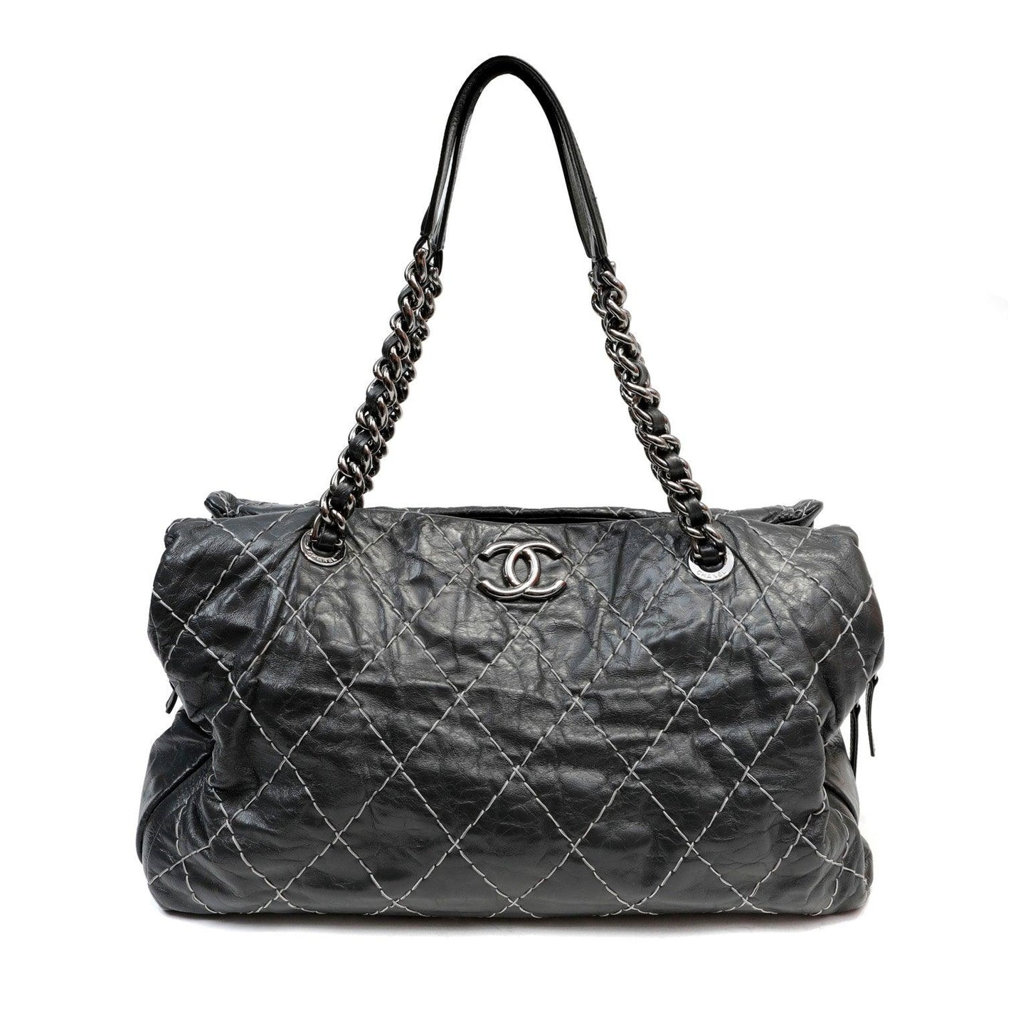 Chanel Slate Topstitched Distressed Leather Large Tote