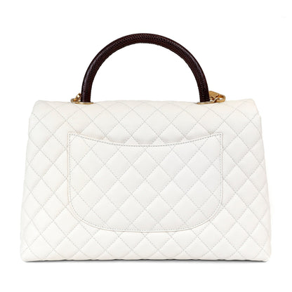 Chanel White Caviar Coco Bag w/ Lizard Skin Handle & Gold Hardware