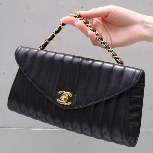 CHANEL 1994-1996 Black Lambskin Vertical Evening Bag