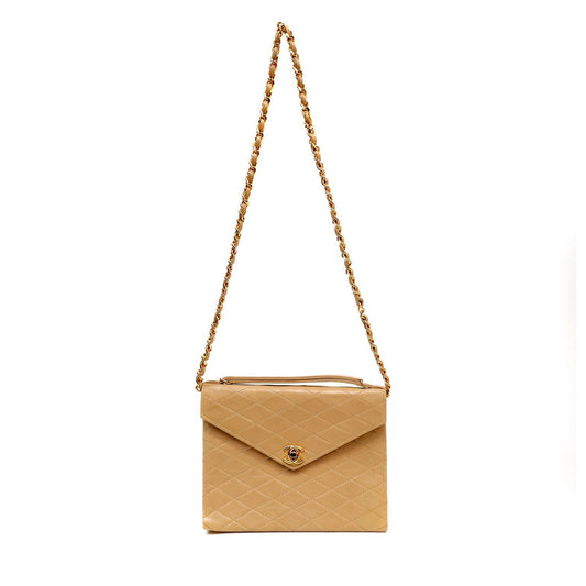 Chanel Vintage Beige Diamond Quilted Envelope Flap Bag w/ Gold Hardware