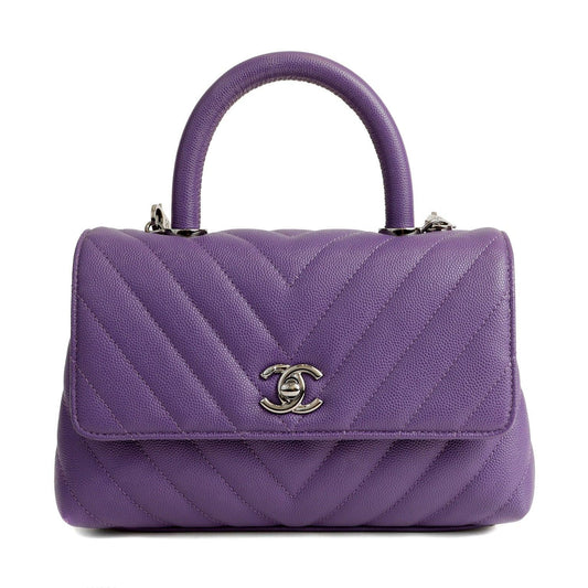 Chanel Chevron Caviar Royal Purple Mini Coco Handle Flap Bag  w/ Silver Hardware