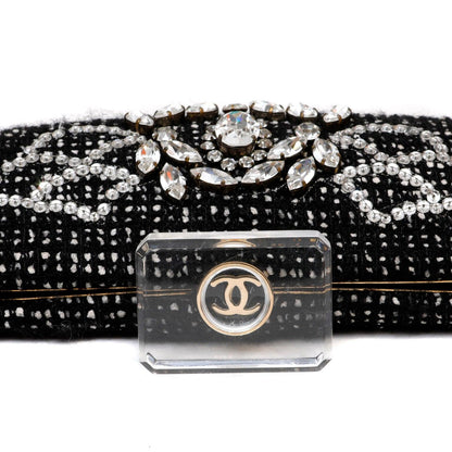 Chanel Runway 1990s Rhinestone Perfume Bottle Black Tweed/Leather Clutch
