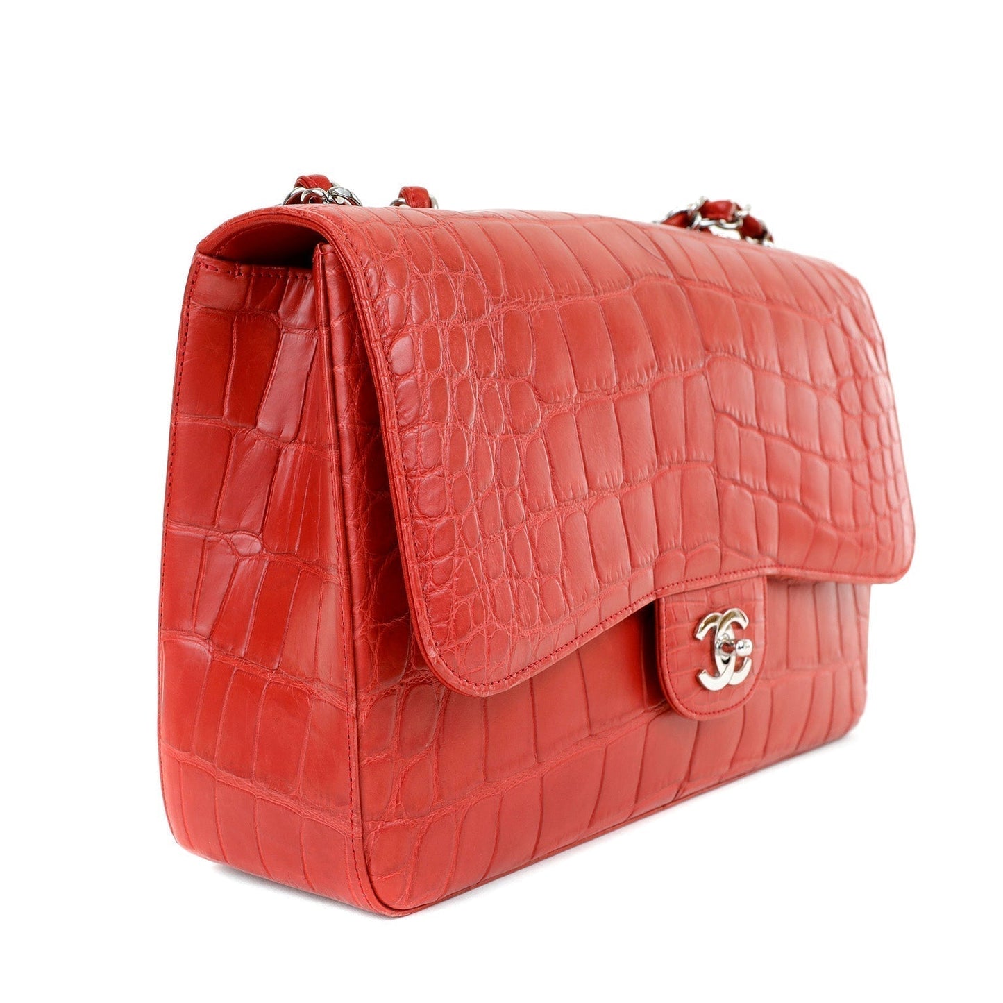 Chanel Red Crocodile Jumbo Classic with Silver Hardware