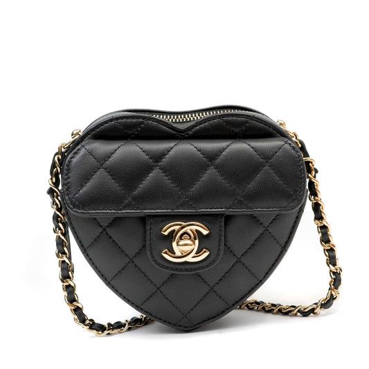 Chanel 2022 Black Lambskin Heart Mini Bag w/ Gold Hardware
