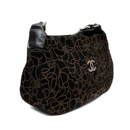 Chanel BlackxBrown Suede Shoulder Bag w/ Gold Camellias & Silver Hardware