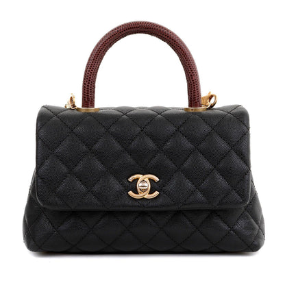Chanel Black Caviar Lizard Coco Handle Small Flap Bag with Gold Hardware