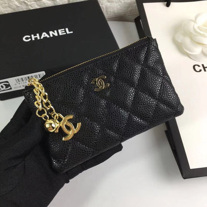 CHANEL CLASSIC SMALL ZIPPED POUCH 15 BLACK CALFSKIN GOLD ICON