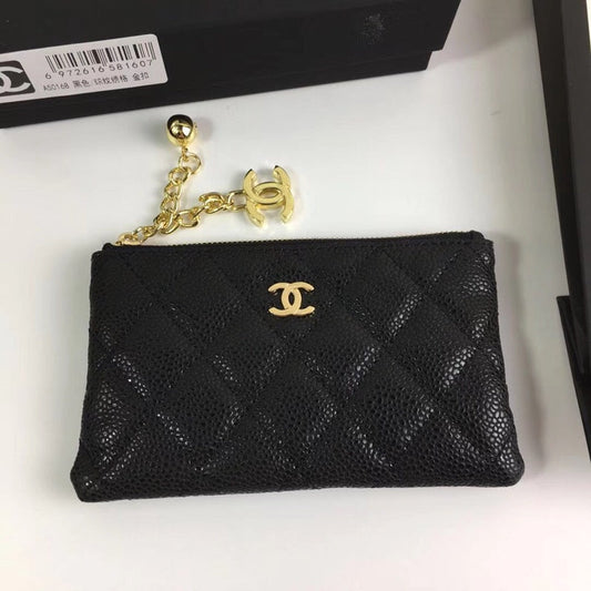 CHANEL CLASSIC SMALL ZIPPED POUCH 15 BLACK CALFSKIN GOLD ICON