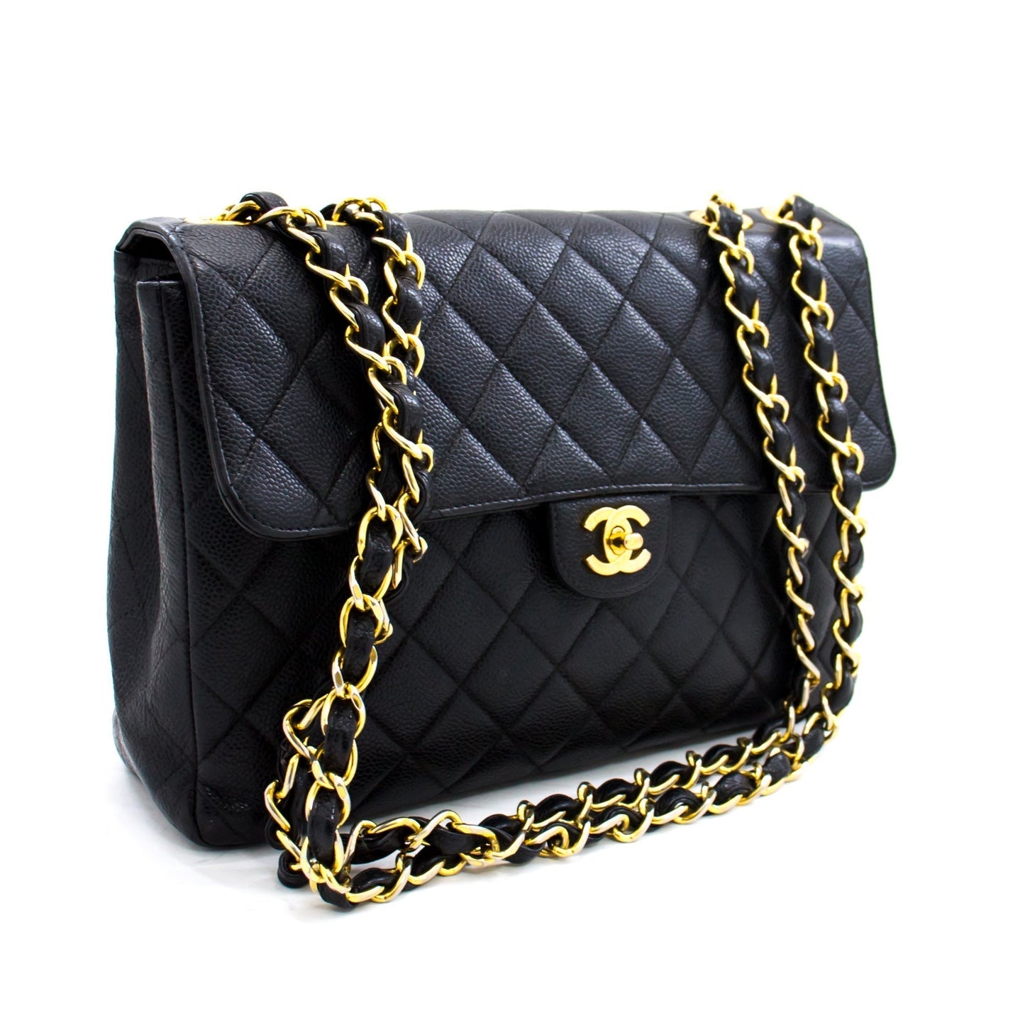 CHANEL Jumbo Caviar 11" Large Chain Shoulder Bag Flap Black Quilt e23