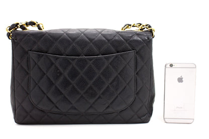 CHANEL Jumbo Caviar 11" Large Chain Shoulder Bag Flap Black Quilt e23