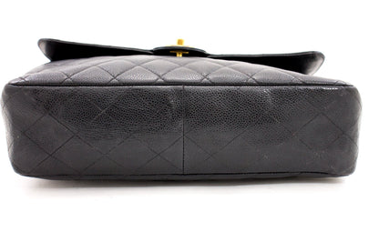 CHANEL Jumbo Caviar 11" Large Chain Shoulder Bag Flap Black Quilt e23