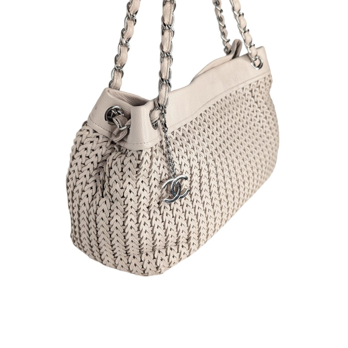 Chanel Vintage CC Charm Beige Woven Leather Tote