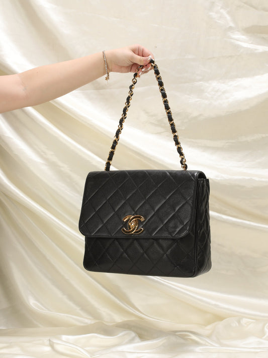 Extremely Rare Chanel XL Logo Caviar Turnlock Flap Bag