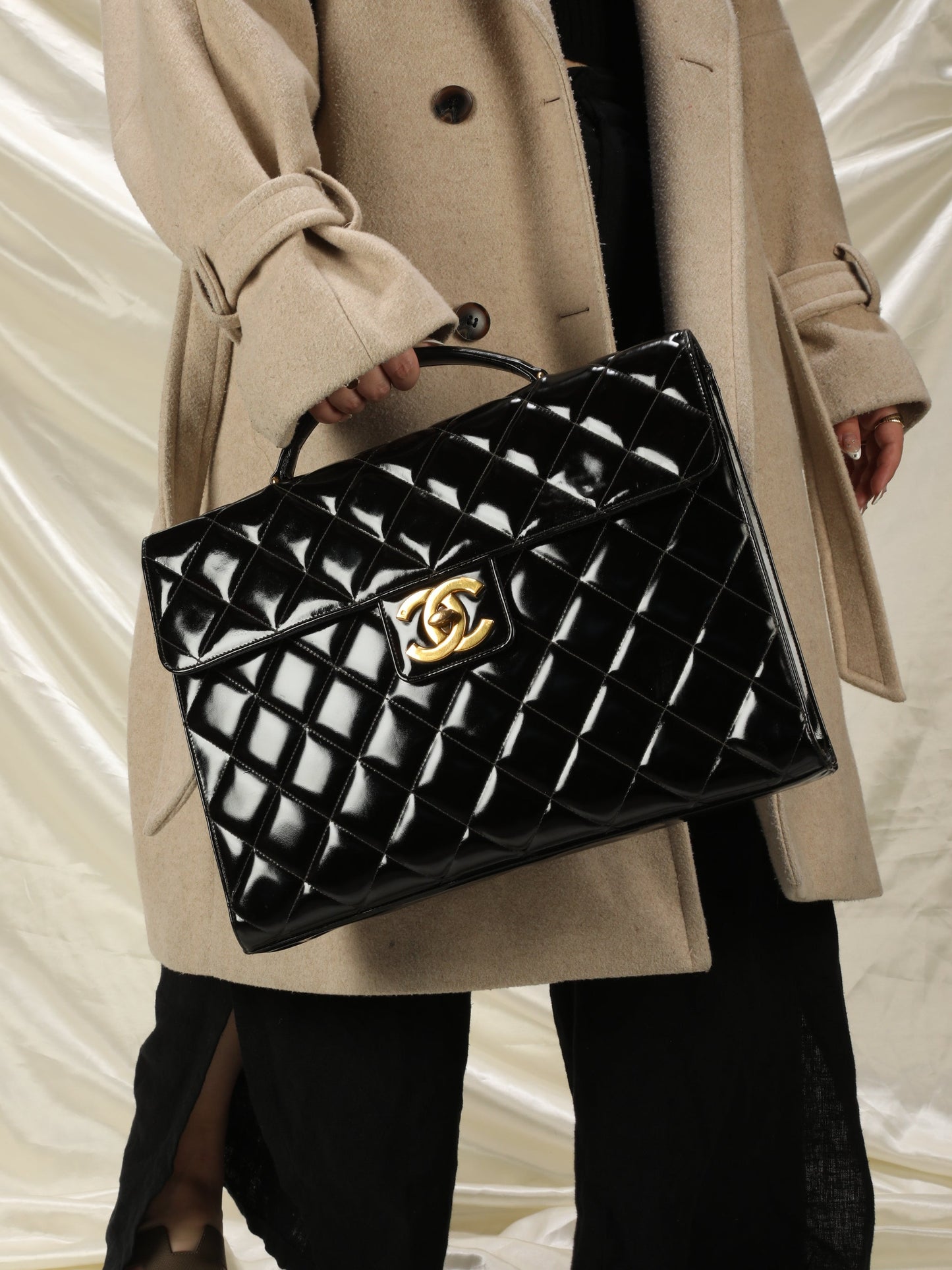 Chanel XL Logo Quilted Patent Top Handle