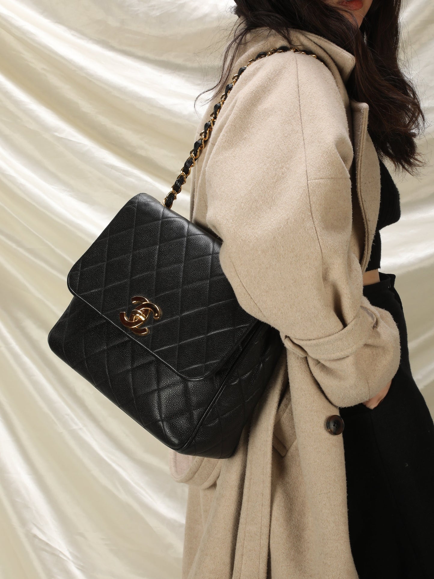 Extremely Rare Chanel XL Logo Caviar Turnlock Flap Bag