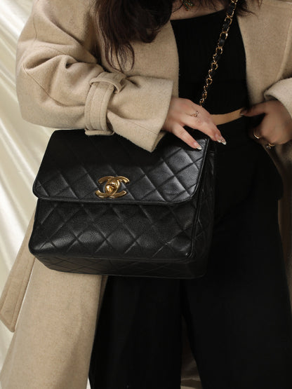 Extremely Rare Chanel XL Logo Caviar Turnlock Flap Bag