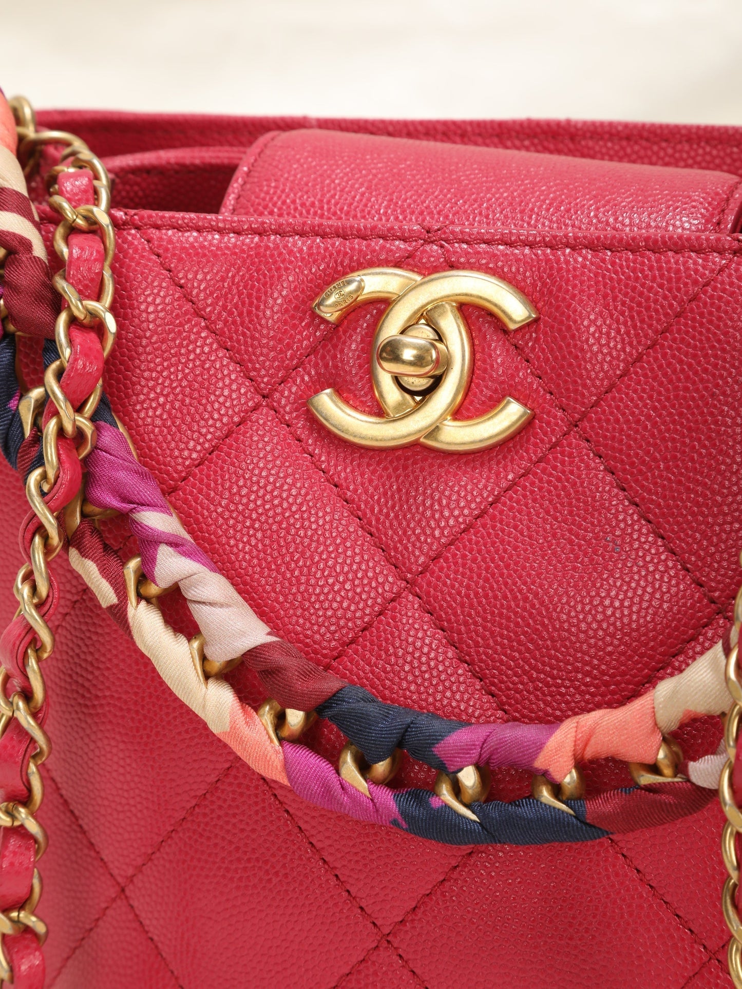 Chanel Caviar 2019 Scarf Chain Bucket Bag
