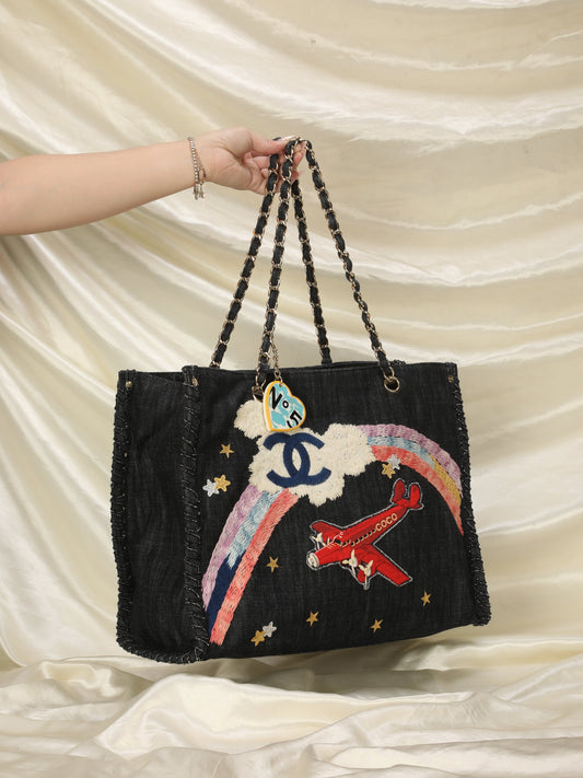 Extremely Rare Limited Edition Chanel Denim Embroidered Tote