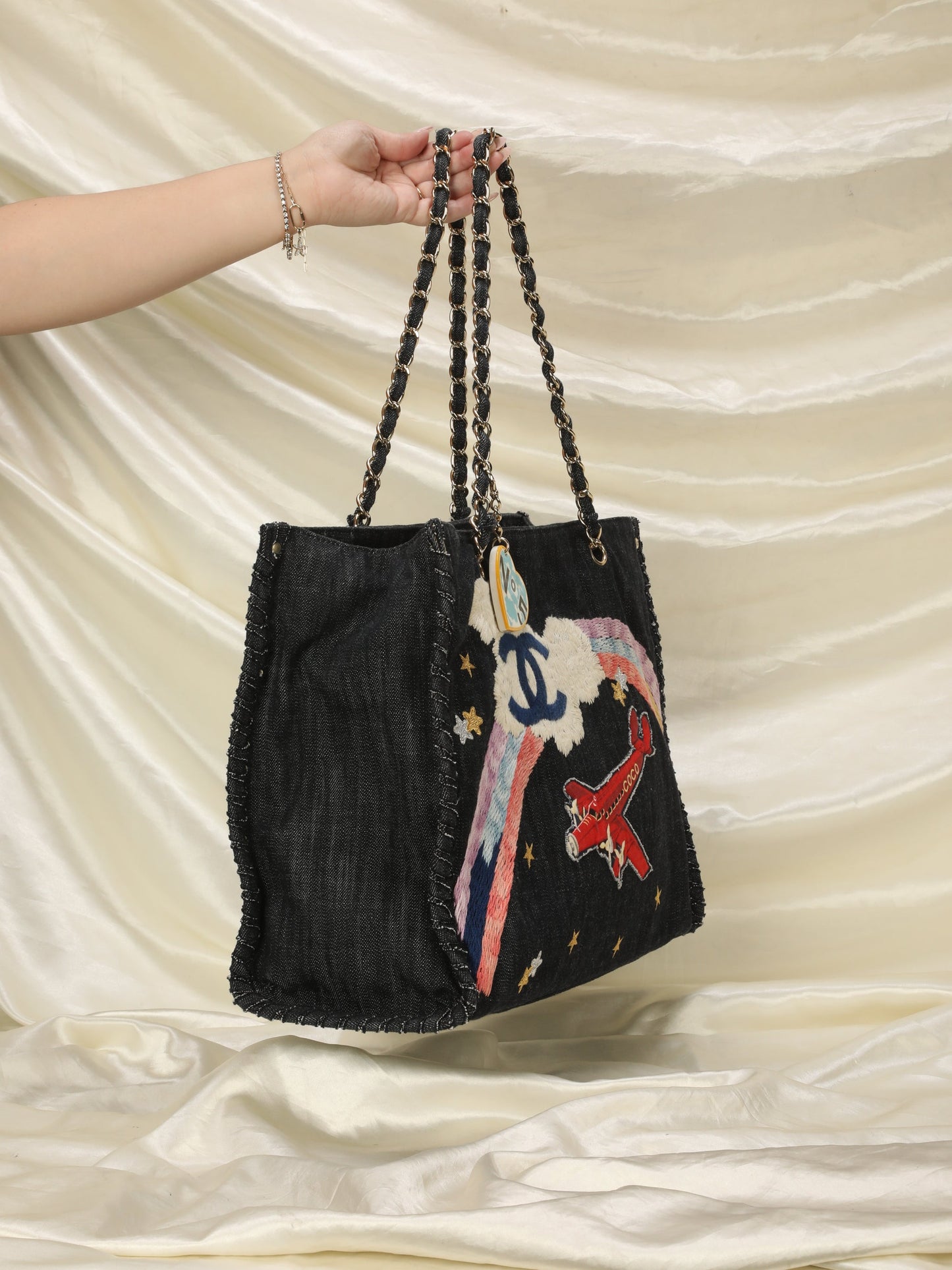 Extremely Rare Limited Edition Chanel Denim Embroidered Tote