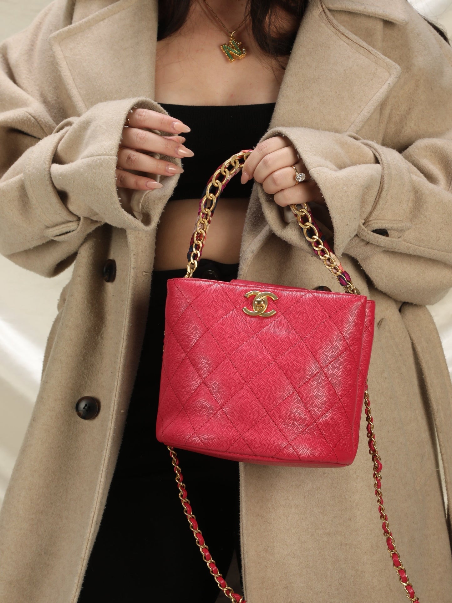 Chanel Caviar 2019 Scarf Chain Bucket Bag
