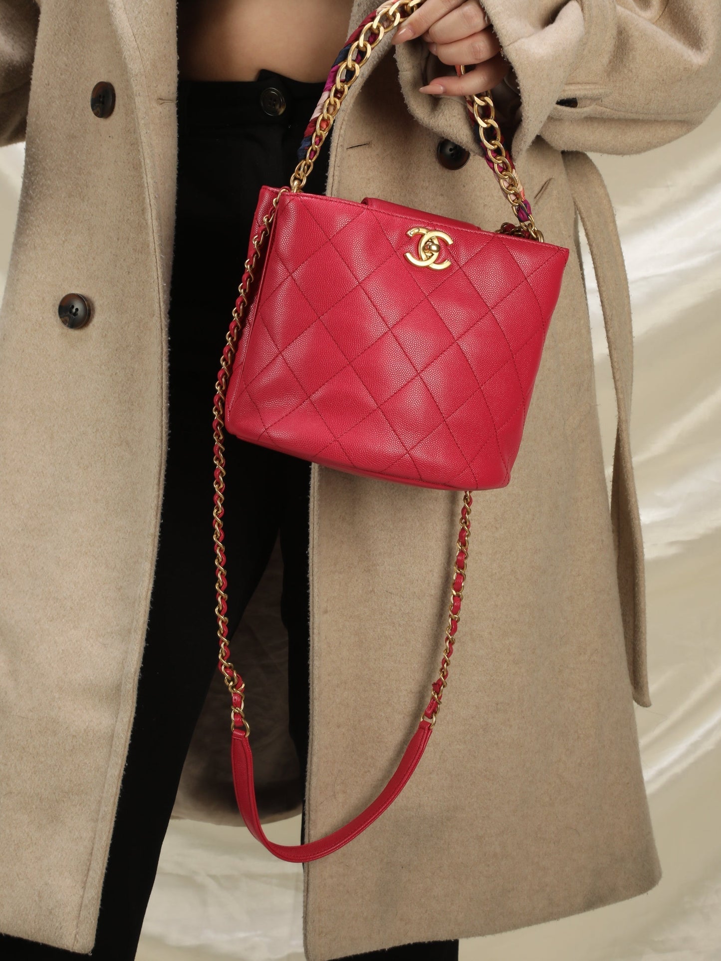 Chanel Caviar 2019 Scarf Chain Bucket Bag