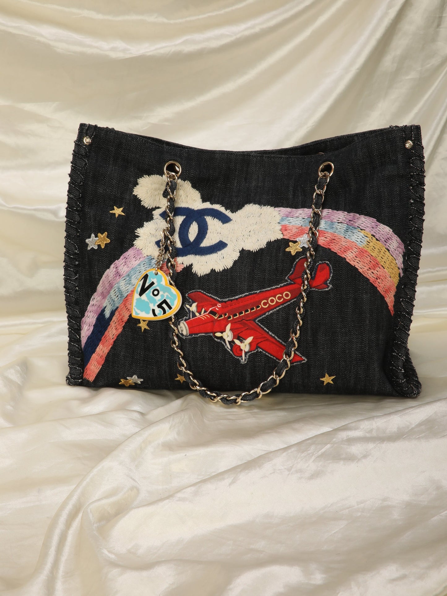 Extremely Rare Limited Edition Chanel Denim Embroidered Tote
