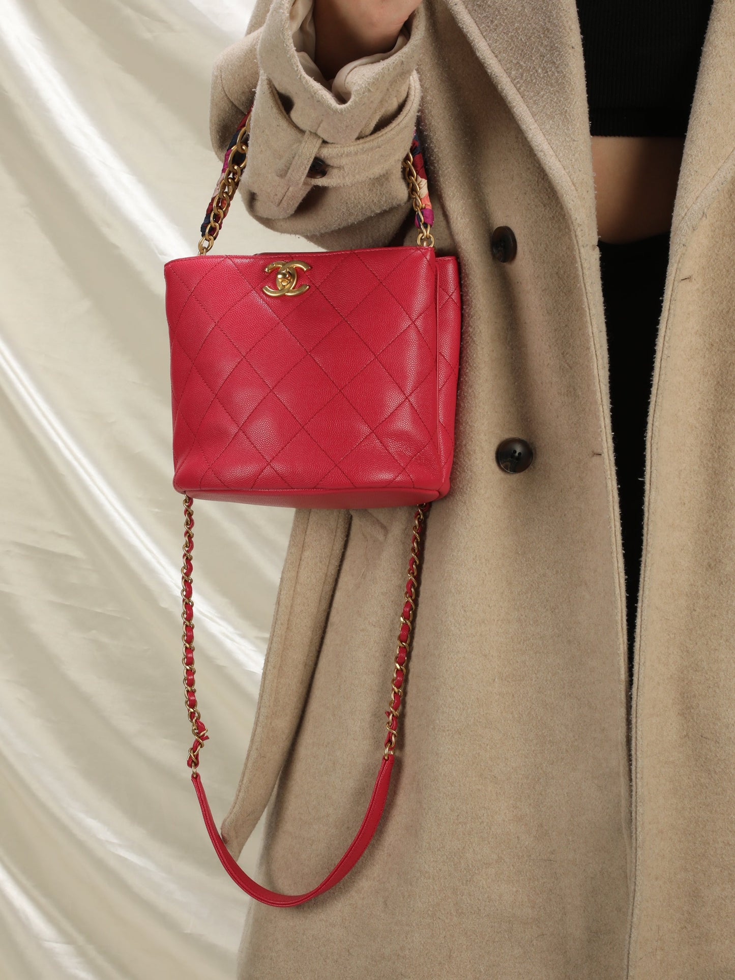 Chanel Caviar 2019 Scarf Chain Bucket Bag